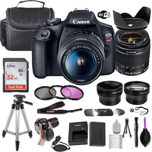 Canon EOS Rebel T7 DSLR Camera w/EF-S 18-55mm f/3.5-5.6 is II Lens + Wide-Angle and Telephoto Lenses + Portable Tripod + Memory Card + Deluxe Accessory Bundle (Renewed) in Kuwait
