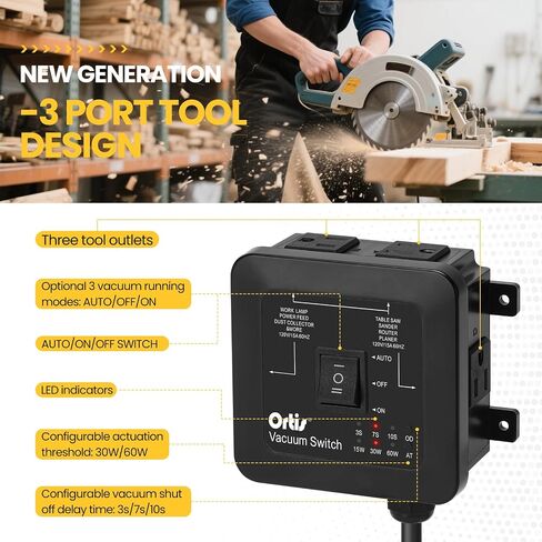 2026 New! Automatic Vacuum Switch - Ortis Dust Control Autoswitch for 3 Power Tools, Auto/On/Off Modes, Delay Vacuum On/Off to Prevent Circuit Overload and Tripping, Adjustable Actuation Threshold in Kuwait