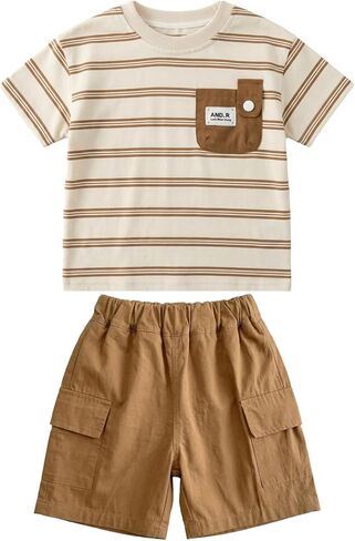 JQT Toddler Boy 2-Piece Summer Set, Striped Short-Sleeve T-Shirt with Patch Pocket and Brown Cargo Shorts, Cotton, Ages 0-5 in Kuwait