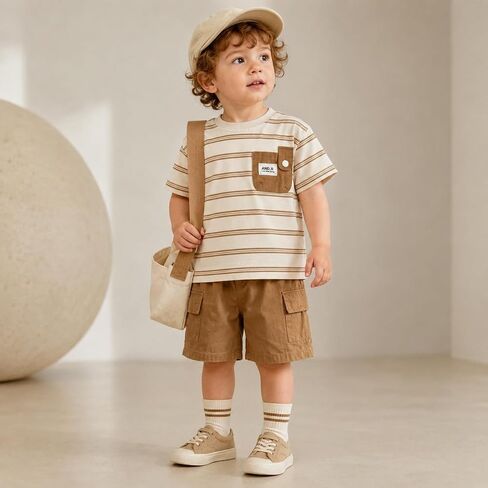 JQT Toddler Boy 2-Piece Summer Set, Striped Short-Sleeve T-Shirt with Patch Pocket and Brown Cargo Shorts, Cotton, Ages 0-5 in Kuwait