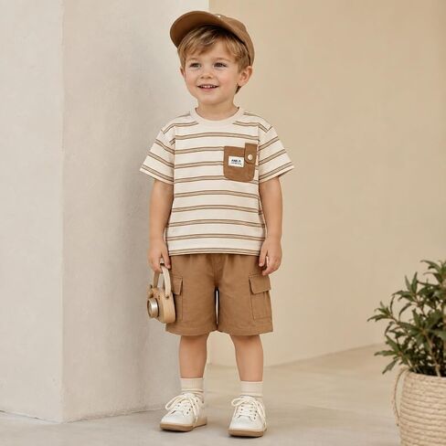 JQT Toddler Boy 2-Piece Summer Set, Striped Short-Sleeve T-Shirt with Patch Pocket and Brown Cargo Shorts, Cotton, Ages 0-5 in Kuwait