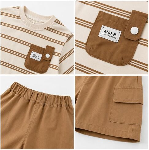 JQT Toddler Boy 2-Piece Summer Set, Striped Short-Sleeve T-Shirt with Patch Pocket and Brown Cargo Shorts, Cotton, Ages 0-5 in Kuwait