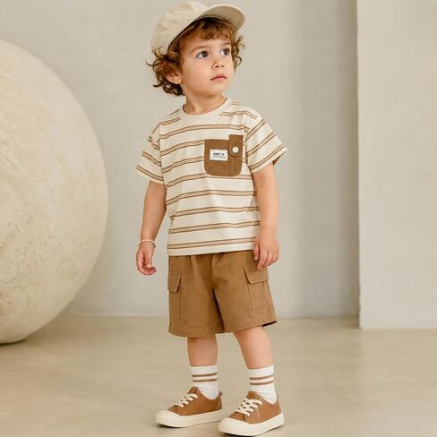 JQT Toddler Boy 2-Piece Summer Set, Striped Short-Sleeve T-Shirt with Patch Pocket and Brown Cargo Shorts, Cotton, Ages 0-5 in Kuwait