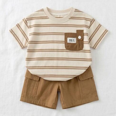 JQT Toddler Boy 2-Piece Summer Set, Striped Short-Sleeve T-Shirt with Patch Pocket and Brown Cargo Shorts, Cotton, Ages 0-5 in Kuwait
