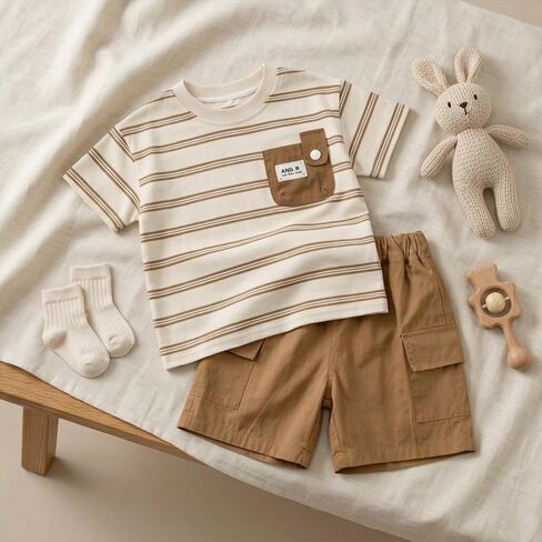 JQT Toddler Boy 2-Piece Summer Set, Striped Short-Sleeve T-Shirt with Patch Pocket and Brown Cargo Shorts, Cotton, Ages 0-5 in Kuwait