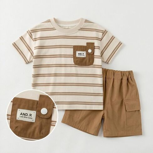 JQT Toddler Boy 2-Piece Summer Set, Striped Short-Sleeve T-Shirt with Patch Pocket and Brown Cargo Shorts, Cotton, Ages 0-5 in Kuwait