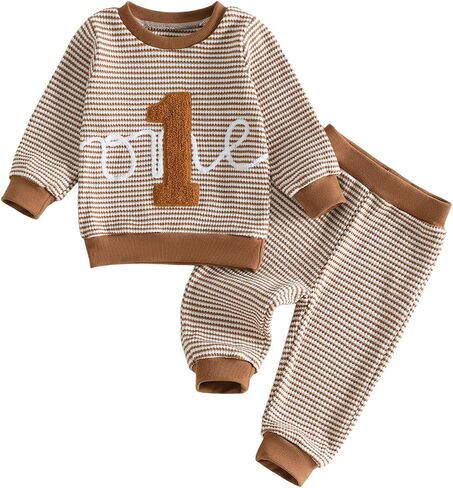 Baby Boy 1st Birthday Outfit Waffle Long Sleeve Jogger Set 6-18M | Waffle Knit Fabric, Chenille "One" Embroidery, Elastic Waist Pants, First Birthday, Cake Smash Photoshoots & Fall Daily Wear in Kuwait