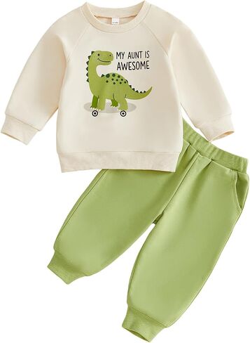 WZTYYDS Baby Boy Fall Dino Outfit 2 Piece Sweatshirt Pant Set | Dinosaur Print, Long Sleeve Color Block Top, 3M-3T, Aunties Little Dude, Daily Wear, Spring, Winter, Toddler Boy Fall Clothes in Kuwait
