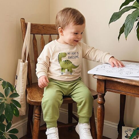 WZTYYDS Baby Boy Fall Dino Outfit 2 Piece Sweatshirt Pant Set | Dinosaur Print, Long Sleeve Color Block Top, 3M-3T, Aunties Little Dude, Daily Wear, Spring, Winter, Toddler Boy Fall Clothes in Kuwait