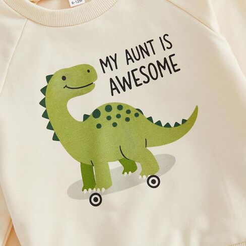 WZTYYDS Baby Boy Fall Dino Outfit 2 Piece Sweatshirt Pant Set | Dinosaur Print, Long Sleeve Color Block Top, 3M-3T, Aunties Little Dude, Daily Wear, Spring, Winter, Toddler Boy Fall Clothes in Kuwait
