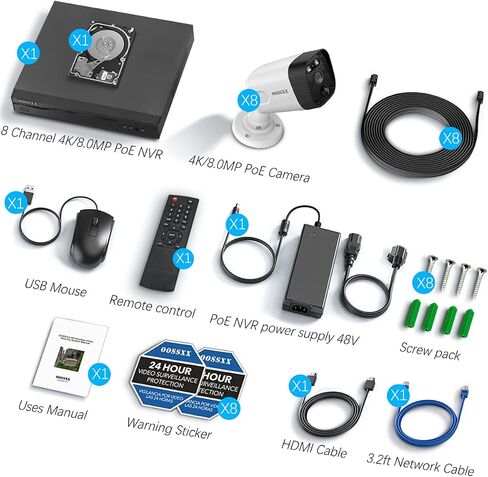 OOSSXX 4K POE Wired Home Security Camera System, 8 Wired 4K Bullet Cameras | Outdoor Surveillance, 130° Wide Angle, AI Human Detection, PIR Sensor, Two-Way Audio, No Monthly Fee, 8CH NVR with 4TB HDD in Kuwait