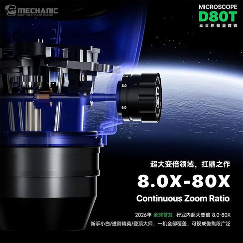 MECHANIC D80T-B5 Trinocular Stereo Industrial Microscope 8-80X Continuous Zoom Ratio PL10x27 Eyepiece 0.5X CTV Camera Adapter in Kuwait