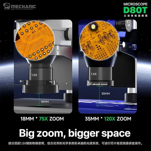 MECHANIC D80T-B5 Trinocular Stereo Industrial Microscope 8-80X Continuous Zoom Ratio PL10x27 Eyepiece 0.5X CTV Camera Adapter in Kuwait