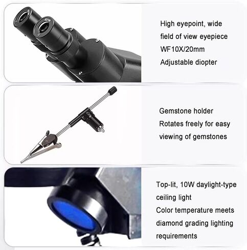 Stereo Binocular Gem Microscope, 10-40X Magnification, with WF10x Eyepieces, 1X-4X Zoom Objective, Upper/Lower/Side Lighting, Includes Darkfield Condenser in Kuwait
