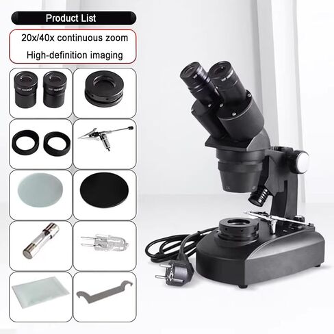 Stereo Binocular Microscope, Gem Testing Zoom, 20/40X Magnification, with WF10x/20mm Eyepieces, Upper/Lower Lighting, Includes Darkfield Condenser, Gemstone Clamps in Kuwait