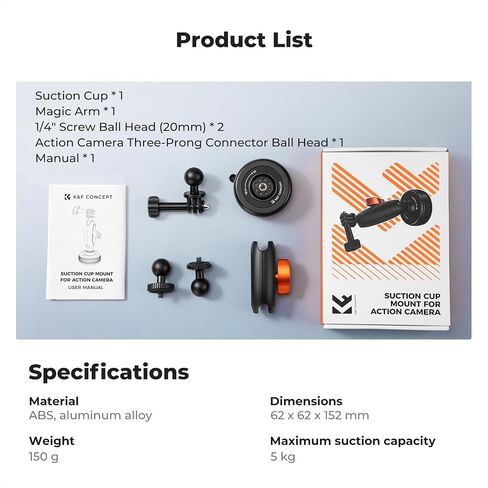 K&F CONCEPT Suction Cup Mount with Ball Head Magic Arm for Action Camera | Car Windshield Window Dash Mount Holder, 1/4" & Three-claw Adapter for GoPro Hero 13/12/11/10/9, Osmo Action 6/3/4/5 Pro XP01 in Kuwait