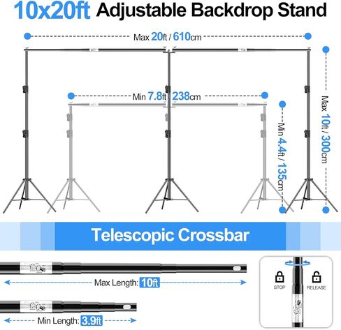FUDESY Backdrop Stand Heavy Duty, 10x30ft Adjustable Photo Backdrop Stand | Photography Background Support System Kit with 300° Angle Rotatable Connector for Video Studio, Wedding, Parties in Kuwait