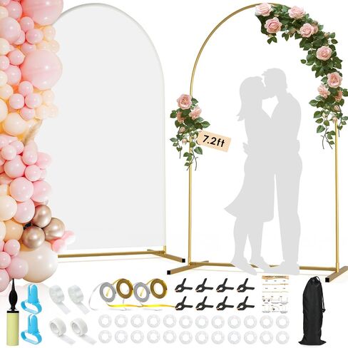 Arch Backdrop Stand and Cover Set| 7.2ft Wedding Metal Arch Stand with Spandex Fitted Backdrop Cover|Gold Balloon Arched Frame White Arch Cover for Birthday Party Baby Shower Graduation Ceremony Décor in Kuwait