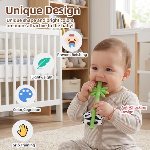 Baby Teether Toy Panda Shape Silicone Teething Toys for Babies 0-24 Months, Chew Toys for Infants Teething Relief, Hollow Tube Toothbrush Head for Gum Massage and Self-Brushing Training, Easy to Grip in Kuwait