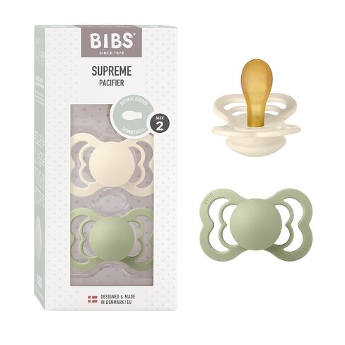 BIBS Pacifiers - Supreme Collection | BPA-Free Symmetrical Nipple | Natural Rubber Latex | Made in Denmark | Set of 2 Ivory/Sage Color Premium Soothers | Size 6-18 Months | Natural Rubber | Size 2 | BPA-Free | Made in Denmark | High Nipple Acceptance | Ai in Kuwait