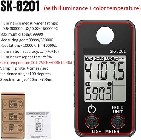 0.5-300000Lux Digital Illuminance Lux Meter Temperature Display | Wide-range sensor measures illuminance in Lux or FC with clear display, data hold and portable operation in Kuwait