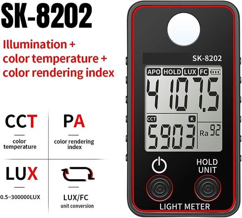 0.5-300000Lux Digital Illuminance Lux Meter Temperature Display | Wide-range sensor measures illuminance in Lux or FC with clear display, data hold and portable operation in Kuwait