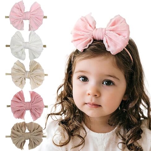 5PCS Baby Girl Bow Headbands Soft Stretchy Nylon Hair Bows for Newborn Infant Toddler Cute Solid Color Bowknot Headwear for Party Photo Props Gifts(Mixed, Elastic) in Kuwait