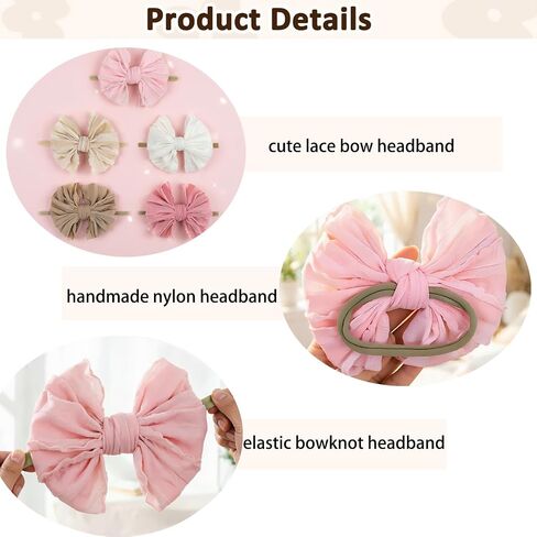 5PCS Baby Girl Bow Headbands Soft Stretchy Nylon Hair Bows for Newborn Infant Toddler Cute Solid Color Bowknot Headwear for Party Photo Props Gifts(Mixed, Elastic) in Kuwait