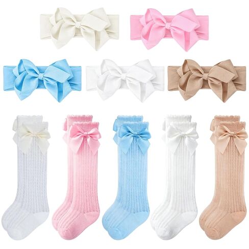 Baby Girl Headbands and Socks Set, 5 Bow Headbands with 5 Pairs Baby Socks, Soft Matching Accessories for Newborn Infant Girls 0-12 Months in Kuwait