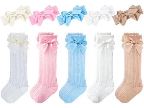 Baby Girl Headbands and Socks Set, 5 Bow Headbands with 5 Pairs Baby Socks, Soft Matching Accessories for Newborn Infant Girls 0-12 Months in Kuwait
