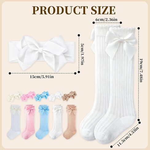 Baby Girl Headbands and Socks Set, 5 Bow Headbands with 5 Pairs Baby Socks, Soft Matching Accessories for Newborn Infant Girls 0-12 Months in Kuwait