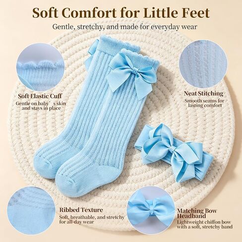 Baby Girl Headbands and Socks Set, 5 Bow Headbands with 5 Pairs Baby Socks, Soft Matching Accessories for Newborn Infant Girls 0-12 Months in Kuwait