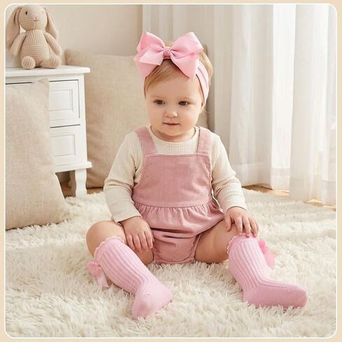 Baby Girl Headbands and Socks Set, 5 Bow Headbands with 5 Pairs Baby Socks, Soft Matching Accessories for Newborn Infant Girls 0-12 Months in Kuwait