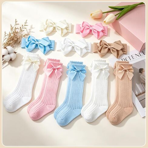 Baby Girl Headbands and Socks Set, 5 Bow Headbands with 5 Pairs Baby Socks, Soft Matching Accessories for Newborn Infant Girls 0-12 Months in Kuwait