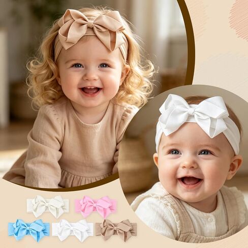 Baby Girl Headbands and Socks Set, 5 Bow Headbands with 5 Pairs Baby Socks, Soft Matching Accessories for Newborn Infant Girls 0-12 Months in Kuwait