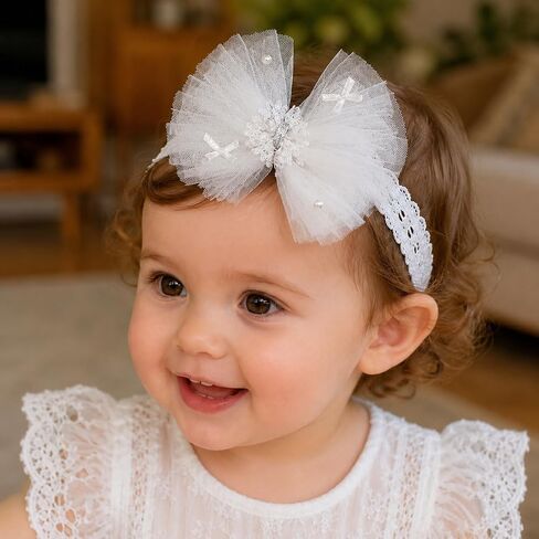 Baby Girls Headband White Bow Lace Headbands Soft Elastic Bowknot Hairbands Cute Hair Accessory for Newborn Kids Infant Toddler Baptism Birthday Party(White Lace Bow) in Kuwait