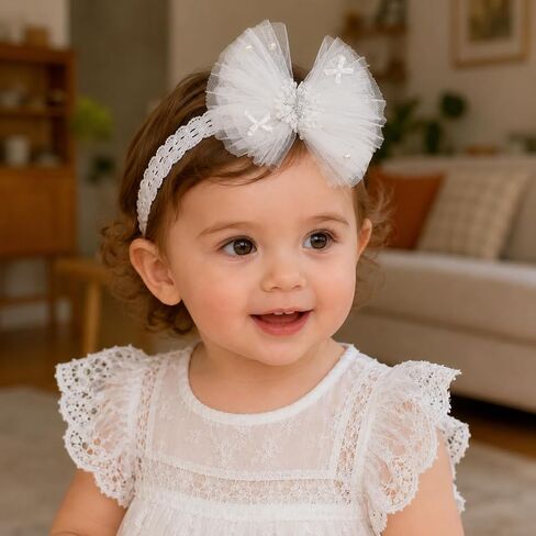 Baby Girls Headband White Bow Lace Headbands Soft Elastic Bowknot Hairbands Cute Hair Accessory for Newborn Kids Infant Toddler Baptism Birthday Party(White Lace Bow) in Kuwait