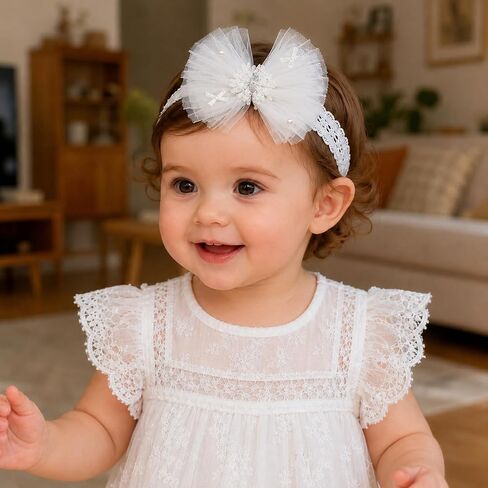Baby Girls Headband White Bow Lace Headbands Soft Elastic Bowknot Hairbands Cute Hair Accessory for Newborn Kids Infant Toddler Baptism Birthday Party(White Lace Bow) in Kuwait