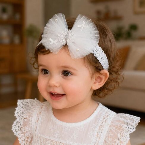 Baby Girls Headband White Bow Lace Headbands Soft Elastic Bowknot Hairbands Cute Hair Accessory for Newborn Kids Infant Toddler Baptism Birthday Party(White Lace Bow) in Kuwait