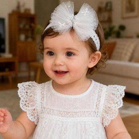 Baby Girls Headband White Bow Lace Headbands Soft Elastic Bowknot Hairbands Cute Hair Accessory for Newborn Kids Infant Toddler Baptism Birthday Party(White Lace Bow) in Kuwait