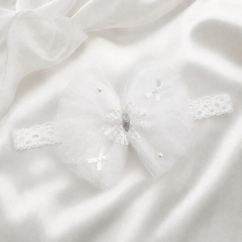 Baby Girls Headband White Bow Lace Headbands Soft Elastic Bowknot Hairbands Cute Hair Accessory for Newborn Kids Infant Toddler Baptism Birthday Party(White Lace Bow) in Kuwait