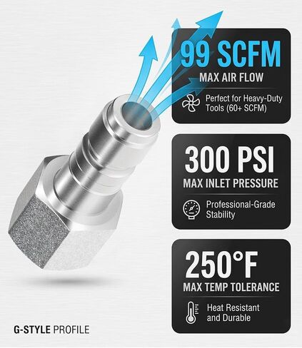 S-1818 1/2" FNPT G Style Plugs (5-Piece Set), Heavy Duty Case-Hardened Steel Air Compressor Fittings, High Flow Pneumatic Plug Compatible with G Style Couplers (99 SCFM, 300 PSI) in Kuwait