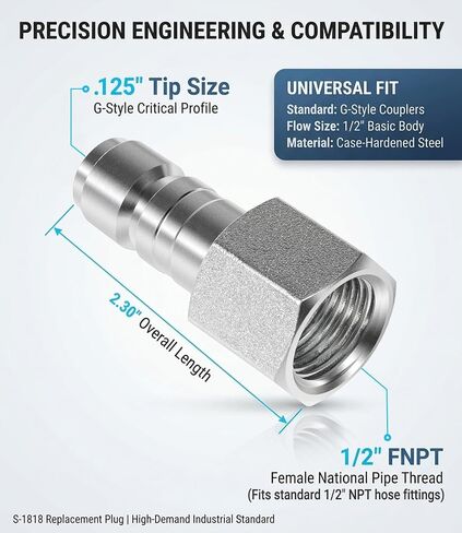 S-1818 1/2" FNPT G Style Plugs (5-Piece Set), Heavy Duty Case-Hardened Steel Air Compressor Fittings, High Flow Pneumatic Plug Compatible with G Style Couplers (99 SCFM, 300 PSI) in Kuwait
