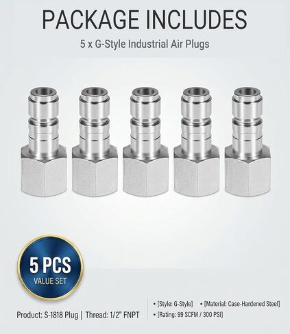 S-1818 1/2" FNPT G Style Plugs (5-Piece Set), Heavy Duty Case-Hardened Steel Air Compressor Fittings, High Flow Pneumatic Plug Compatible with G Style Couplers (99 SCFM, 300 PSI) in Kuwait