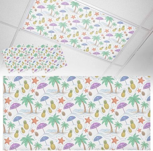 Cartoon Coconut Trees Fluorescent Light Covers, 4x2 Feet Magnetic Light Filters for Classroom Office, 4 Pcs Summer Cute Tropical Plants Blue Shades Covers for Ceiling Lights Drop Home Decor in Kuwait
