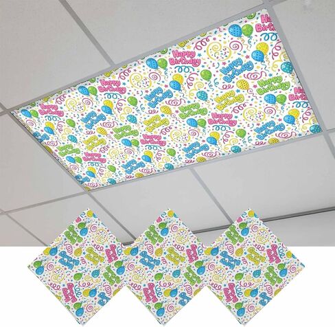 Happy Birthday Magnetic Fluorescent Light Covers for Ceiling Lights 2x4 Ft, Cartoon Colorful Star Ribbon Balloon Office Classroom Kitchen Drop Ceiling Light Covers Lighting Filters Shade Panel 2 Packs in Kuwait