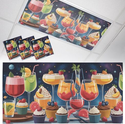 Cartoon Cupcakes Fluorescent Light Covers, 4x2 Feet Magnetic Light Filters for Classroom Office, 2 Pcs Funny Cute Food Starry Sky Blue Shades Covers for Ceiling Lights Drop Home Decor in Kuwait