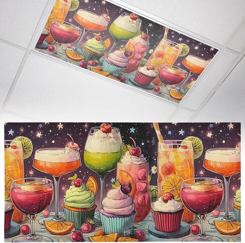 Cartoon Cupcakes Fluorescent Light Covers, 4x2 Feet Magnetic Light Filters for Classroom Office, 1 Pc Funny Cute Food Starry Sky Pink Shades Covers for Ceiling Lights Drop Home Decor in Kuwait