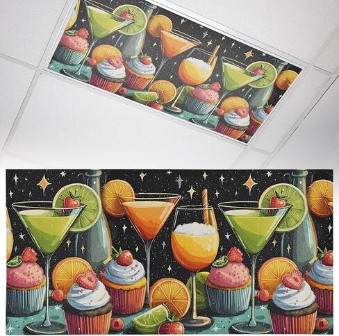 Cartoon Cupcakes Fluorescent Light Covers, 4x2 Feet Magnetic Light Filters for Classroom Office, 1 Pc Funny Cute Food Starry Sky Black Shades Covers for Ceiling Lights Drop Home Decor in Kuwait
