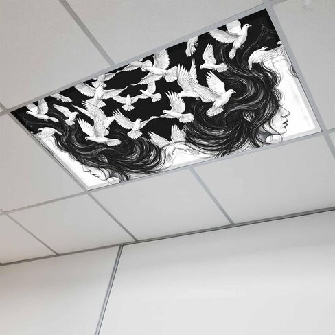 Modern Aesthetic Girl Magnetic Fluorescent Light Covers for Ceiling Lights 2x4 Ft,Abstract Vintage Long Hair Girl Pigeon Office Classroom Kitchen Drop Ceiling Light Covers Filters Shade Panel 3Packs in Kuwait